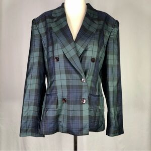 Jones New York silk blazer jacket watch plaid green blue double breasted 12